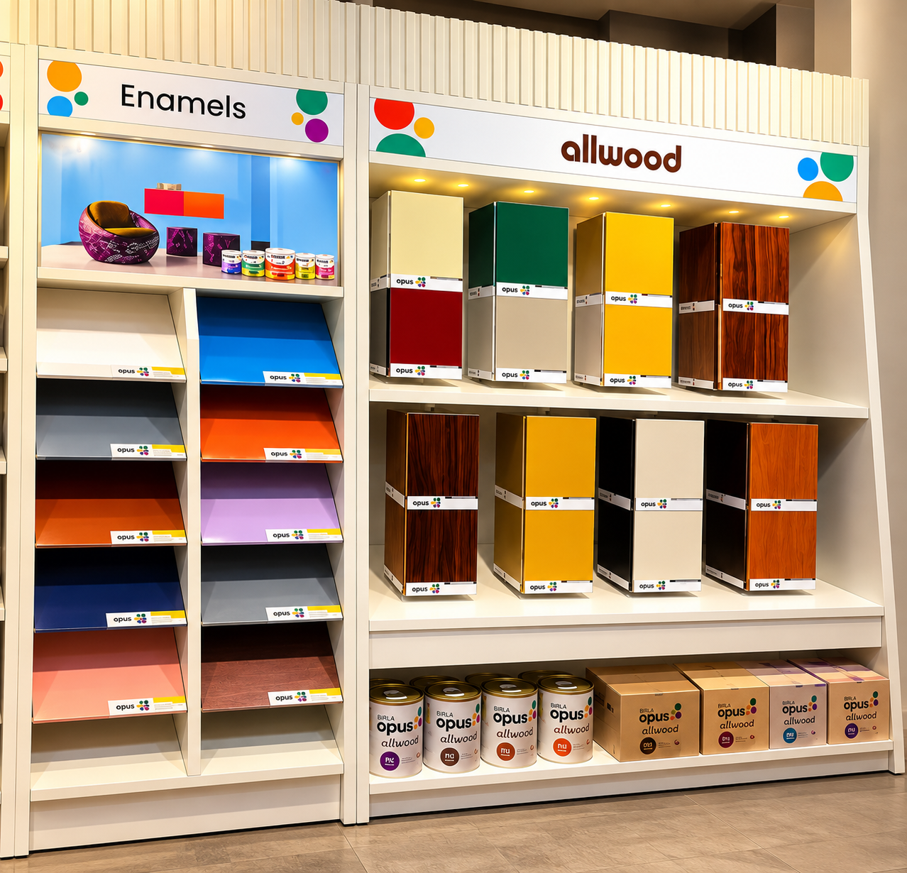 Wood finish and colour sample display at Mufaddal Traders showroom